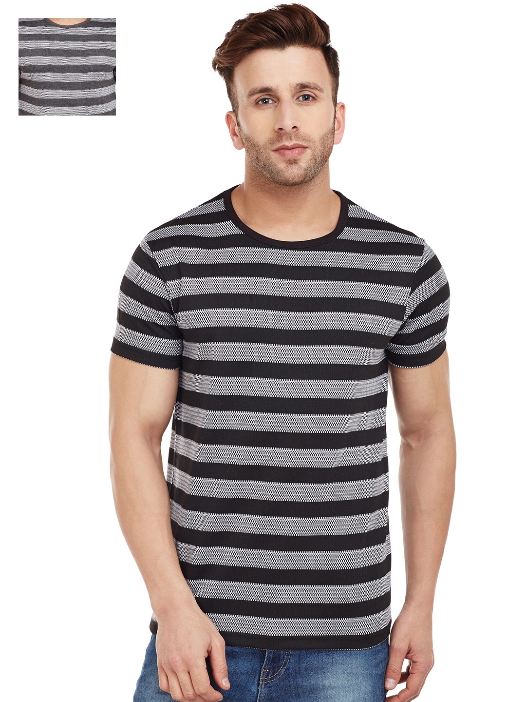 

MACK JONNEY Men Pack of 2 Striped Round Neck T-shirts, Black