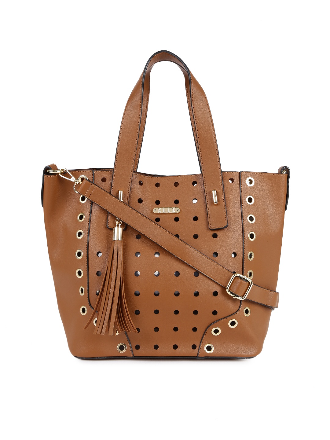 

ELLE Brown Solid Tote Bag with Cut-Out Detail