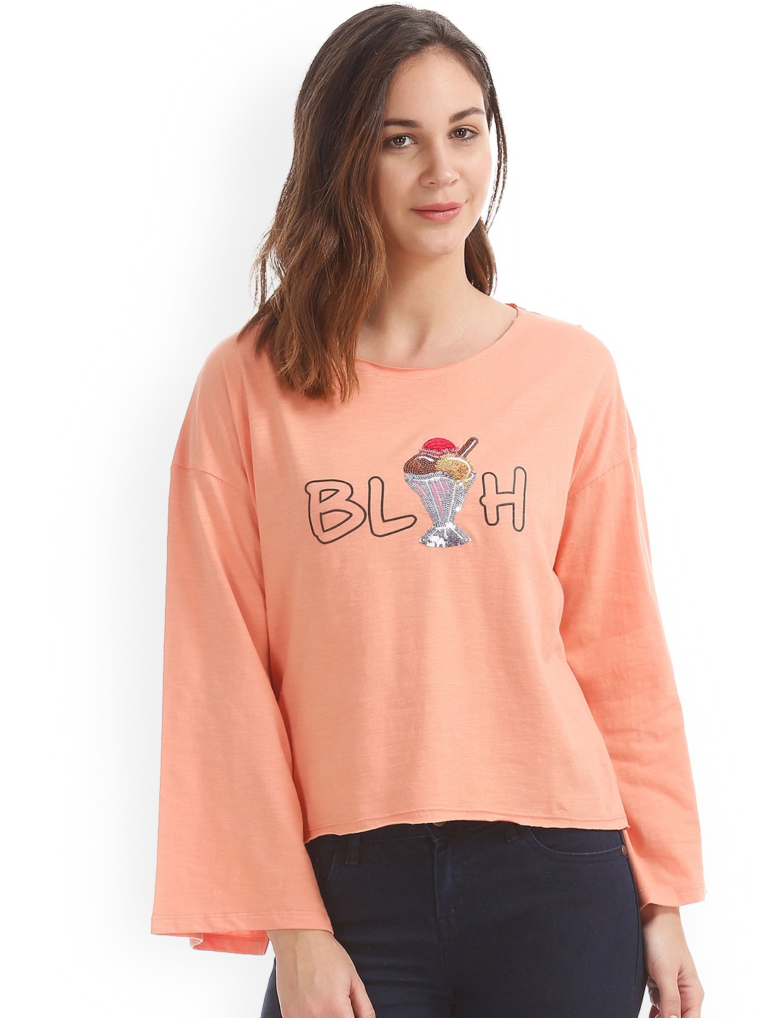 

Sugr Women Peach-Coloured Sequinned Printed Pure Cotton Top