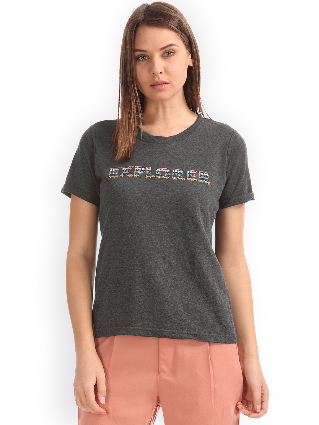 

Sugr Women Charcoal Grey Embroidered Top