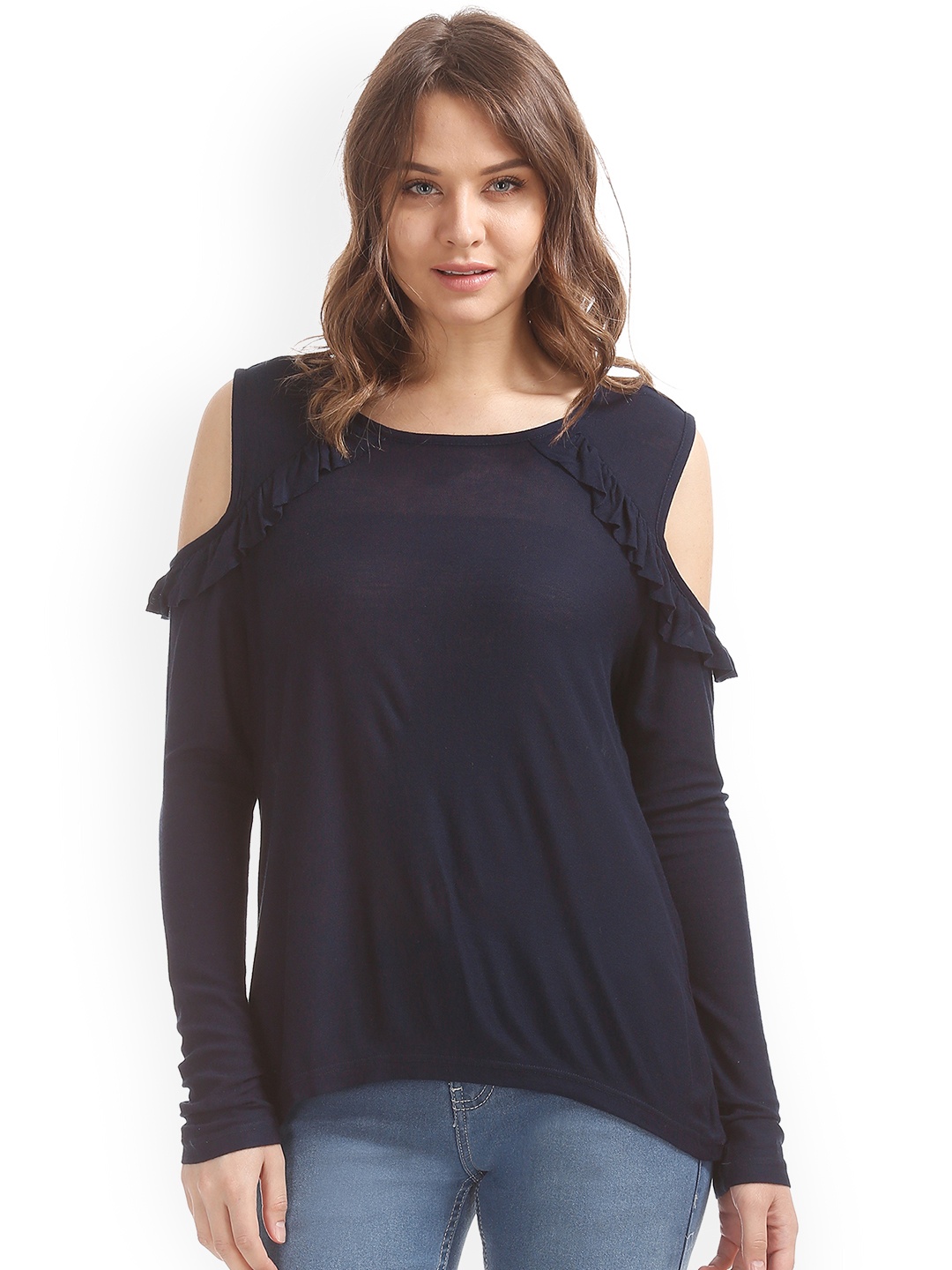 

Sugr Women Navy Blue Solid Cold-Shoulder Sleeves Top