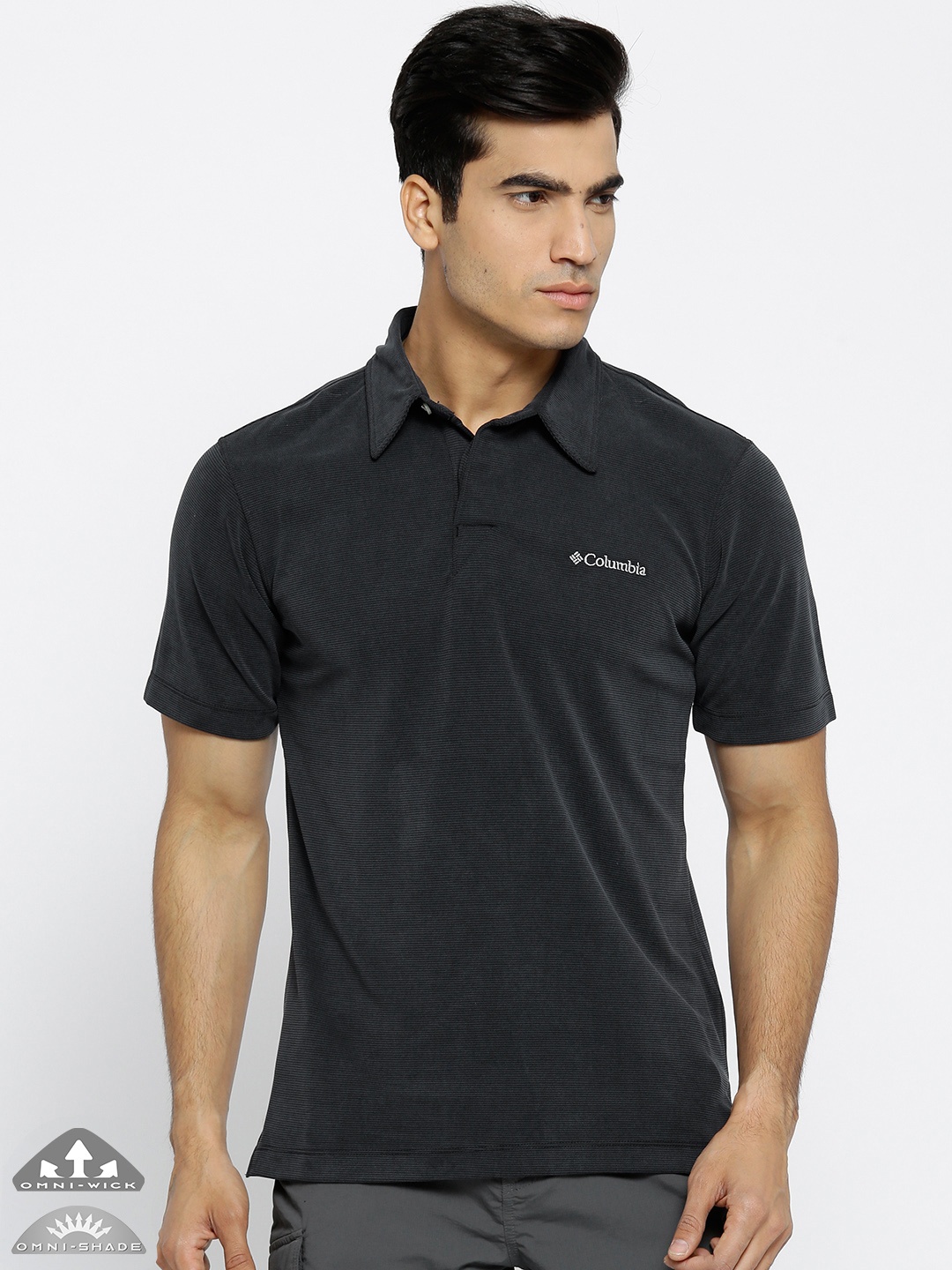 

Columbia Charcoal Grey Sun Ridge Self-Striped UV Protect Outdoor Polo Hiking T-shirt