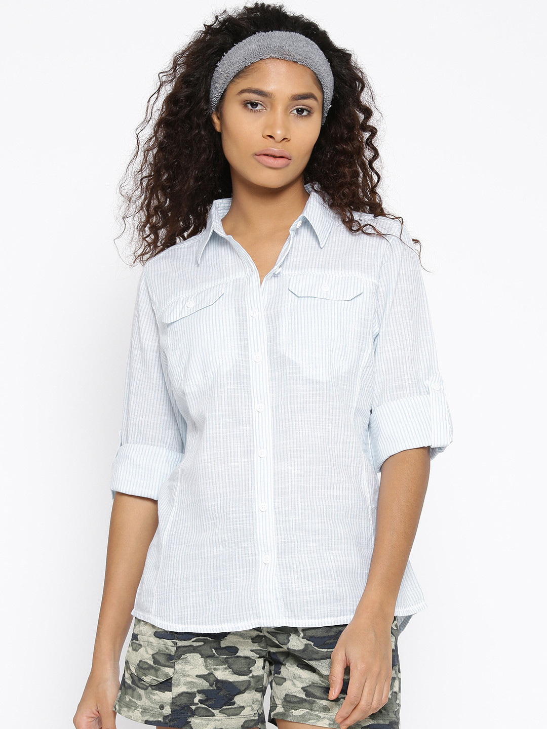 

Columbia Blue & Off-White Camp Henry Long Sleeve Striped Hiking Shirt
