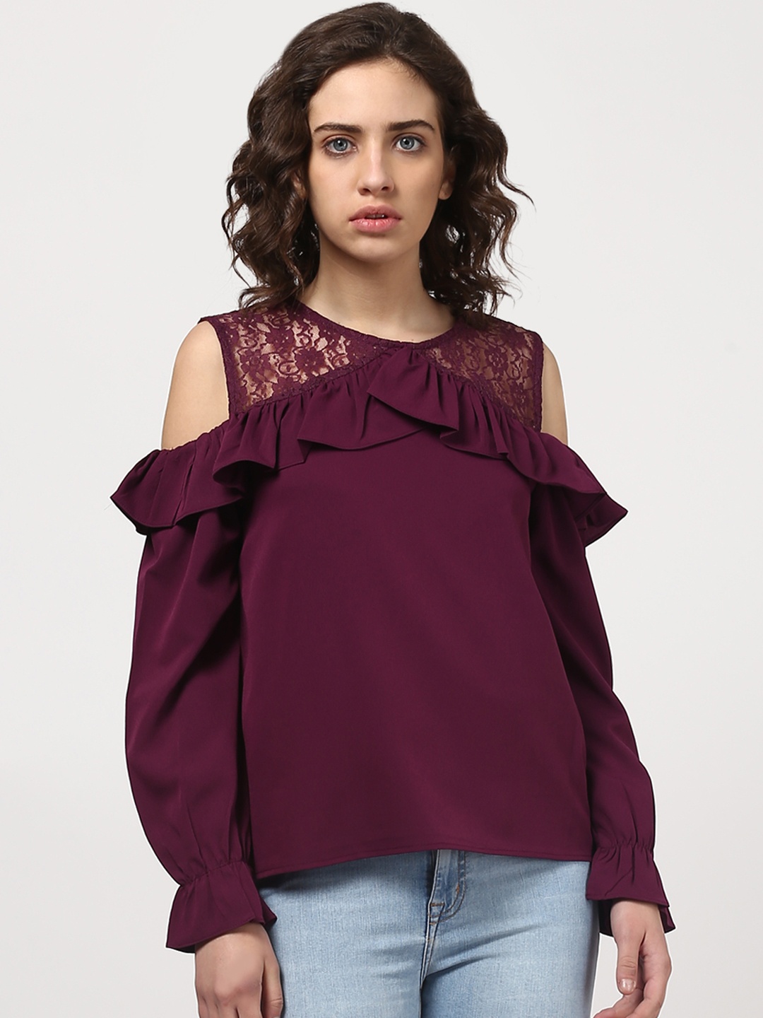 

Harpa Women Burgundy Solid Cold Shoulder Top