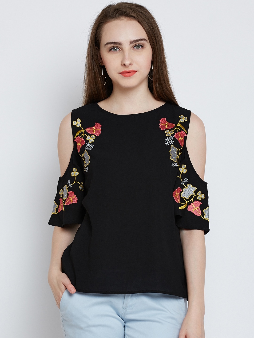 

RARE ROOTS Women Black Solid Embroidered Top