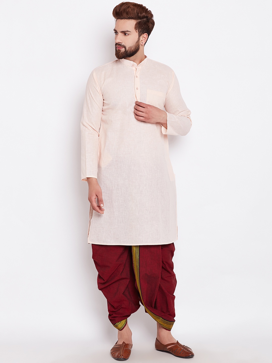 

SOJANYA Men Peach-Coloured Solid Straight Kurta