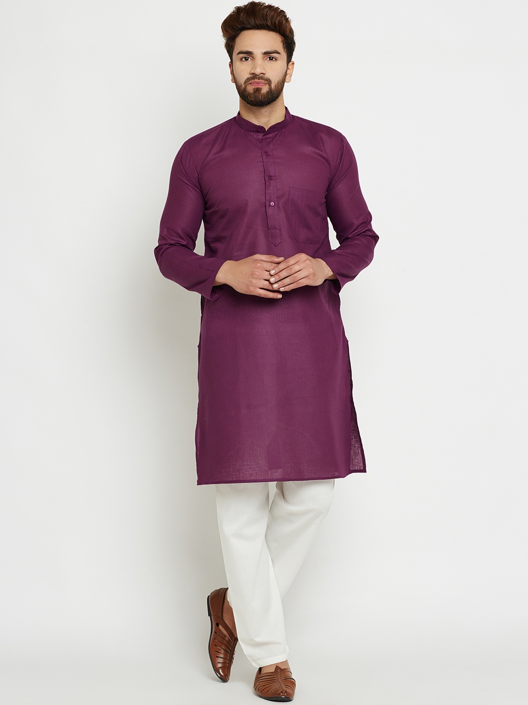 

SOJANYA Men Purple Solid Straight Kurta