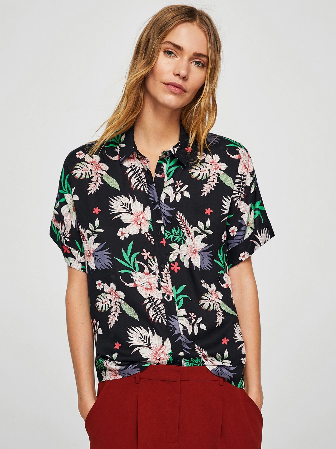 

MANGO Women Navy Blue & Pink Regular Fit Printed Casual Shirt