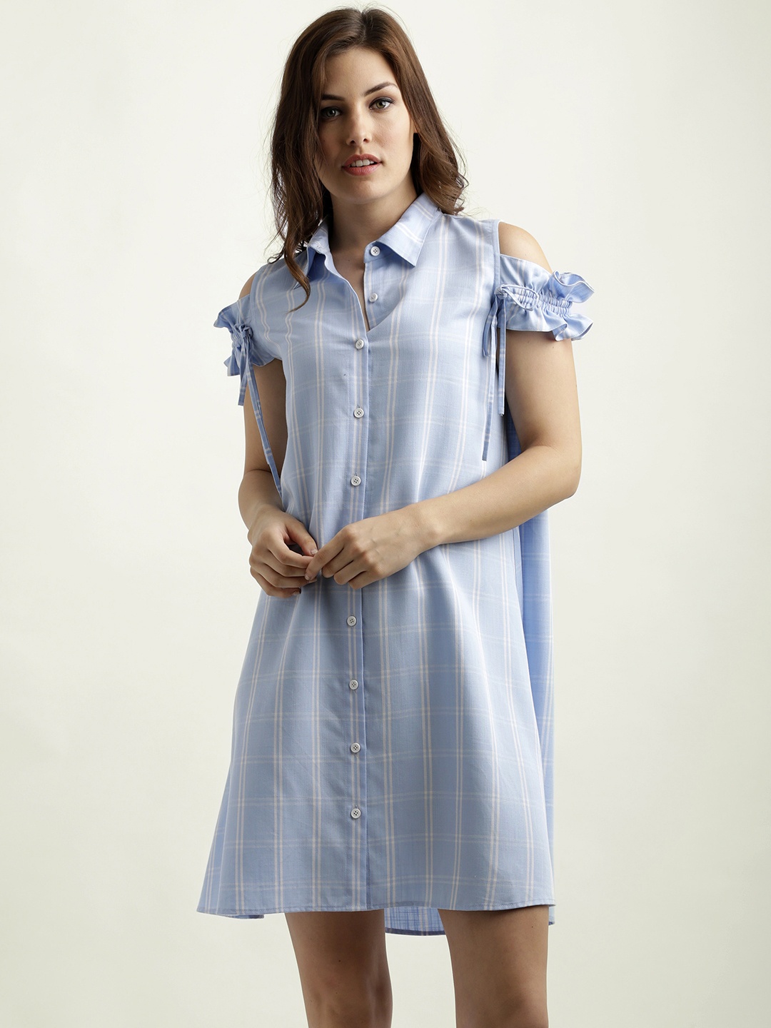 

Miss Chase Women Blue Checked Cold Shoulder Shirt Dress