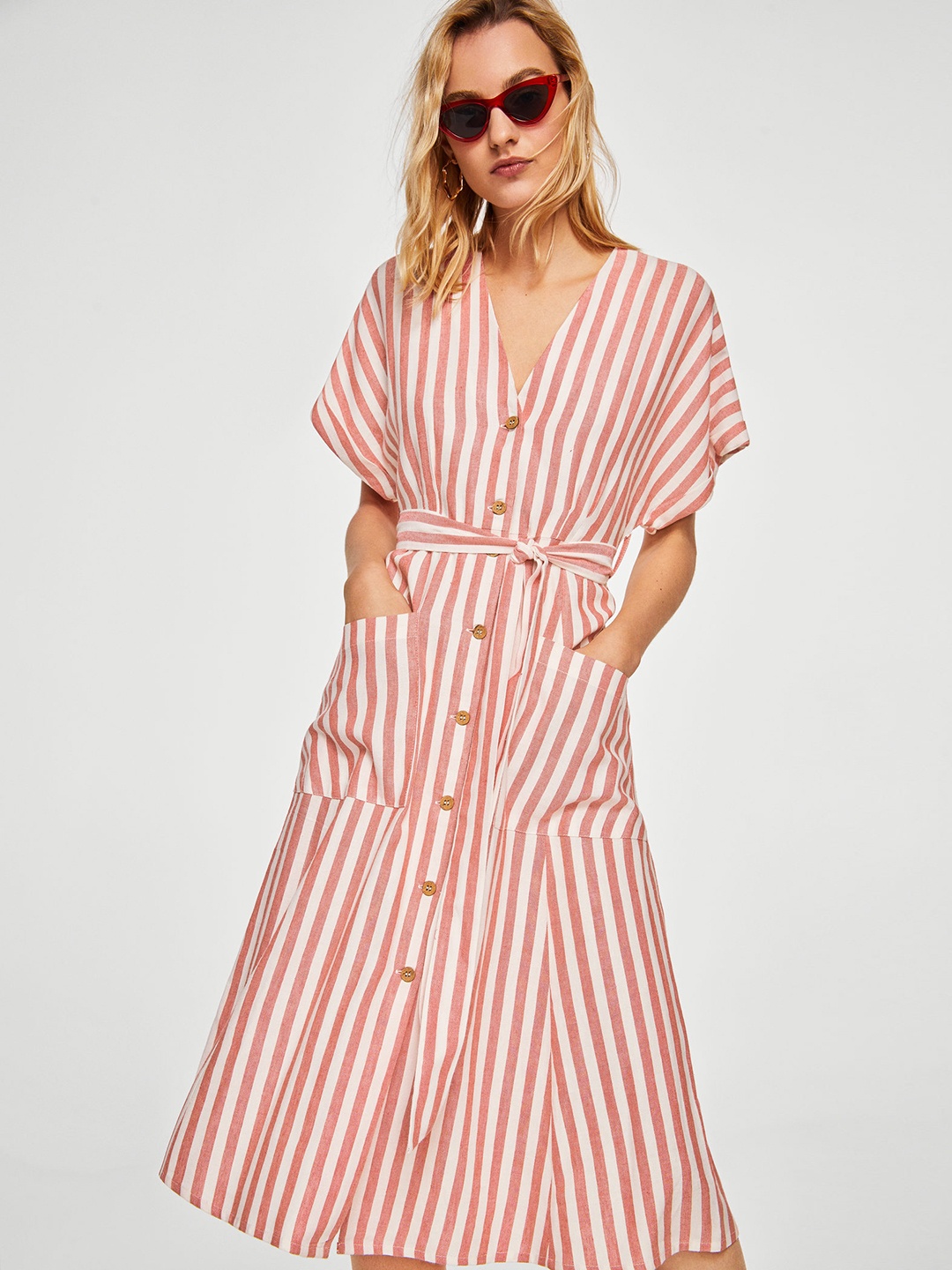 

MANGO Women White & Red Striped A-Line Dress