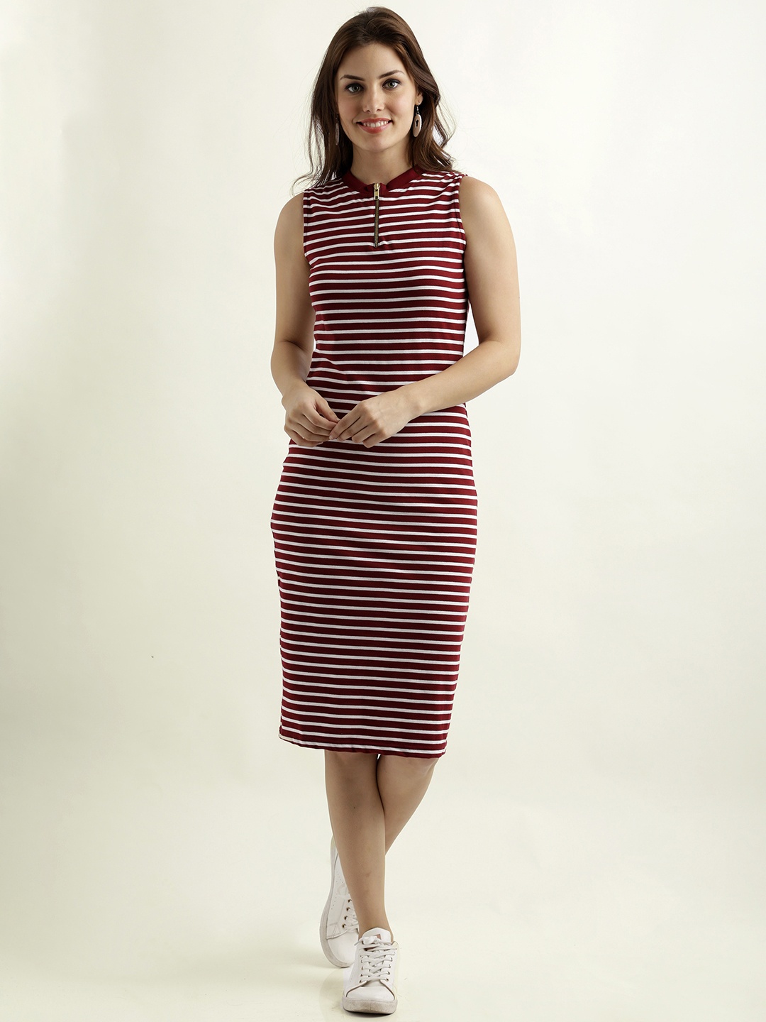 

Miss Chase Women Maroon Striped Bodycon Dress