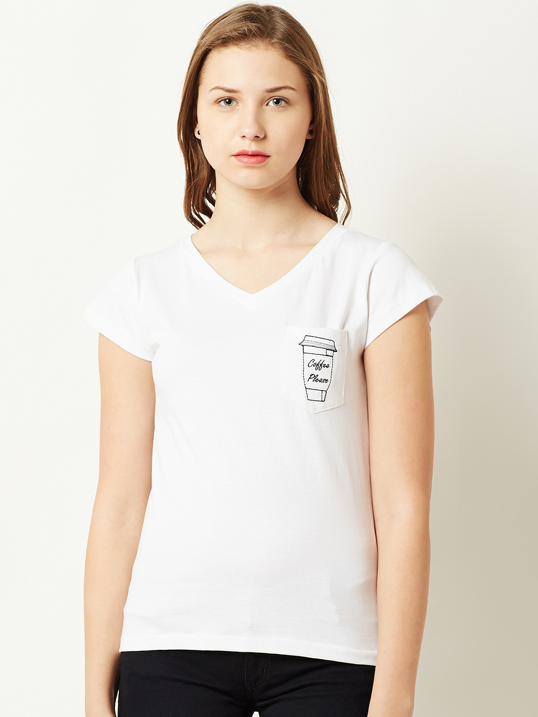

Miss Chase Women White Solid V-Neck T-shirt