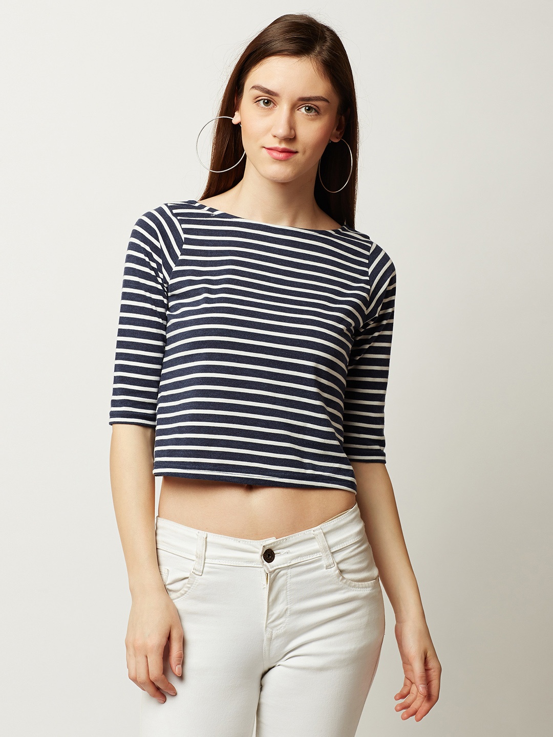 

Miss Chase Women Navy Blue Striped Pure Cotton Top