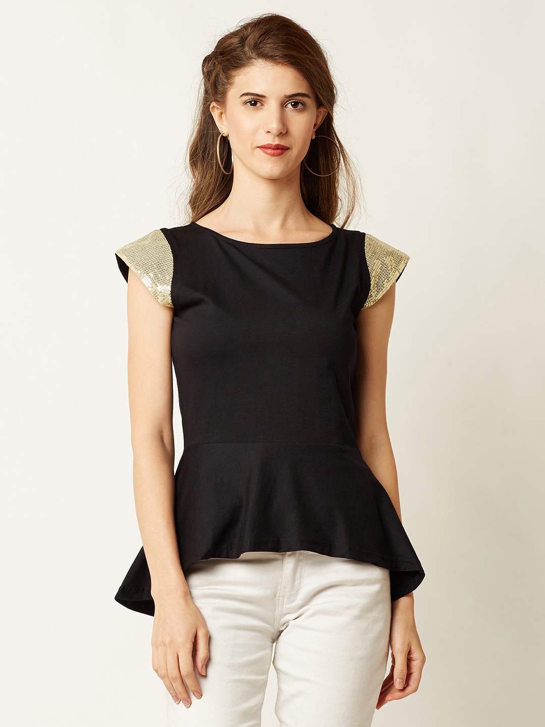 

Miss Chase Women Black Solid Peplum Pure Cotton Top