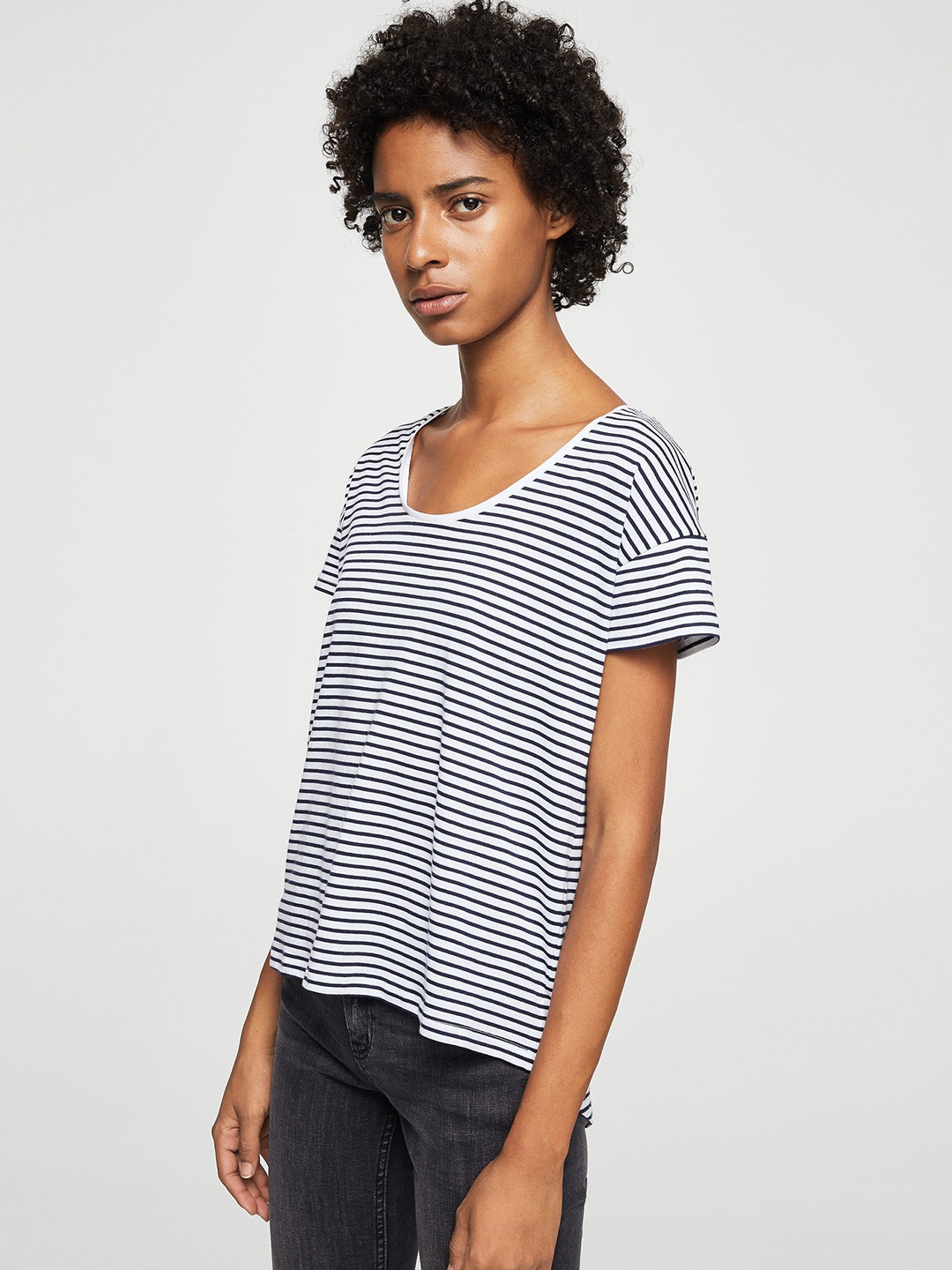 

MANGO Women Black Striped Round Neck T-shirt