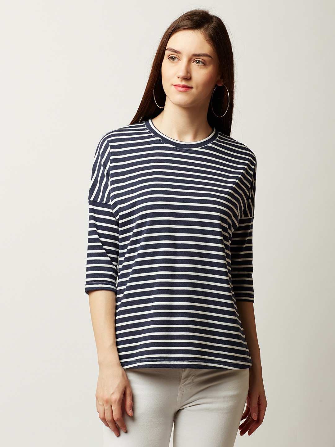 

Miss Chase Women Navy Blue Striped Pure Cotton Top