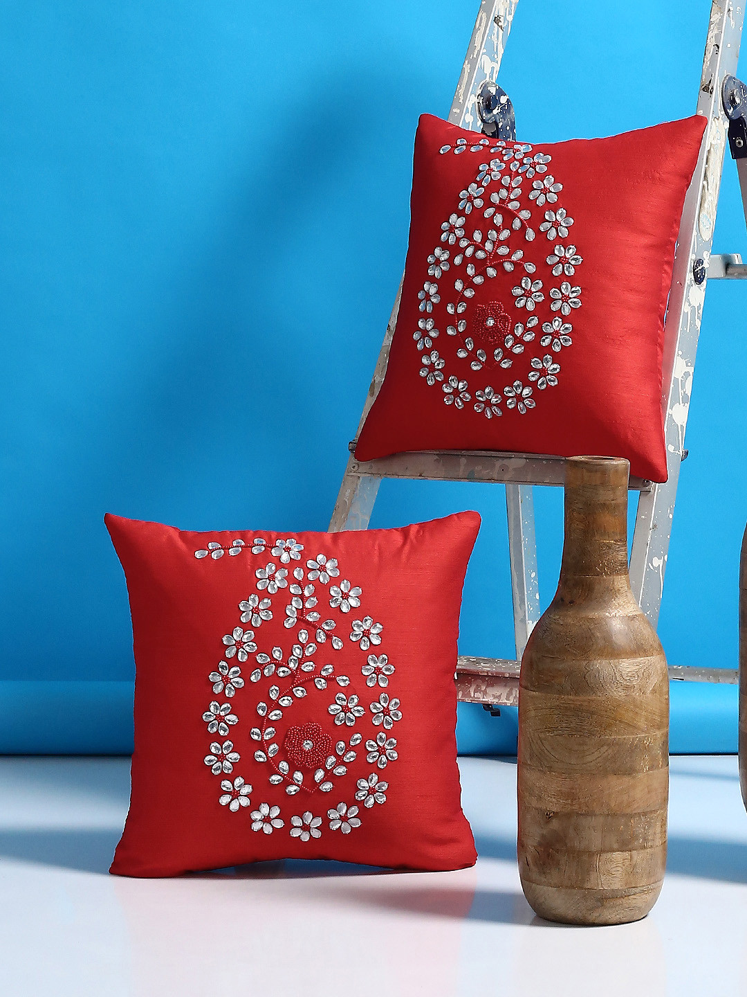 

Alina decor Red Set of 2 Solid Square Cushion Covers