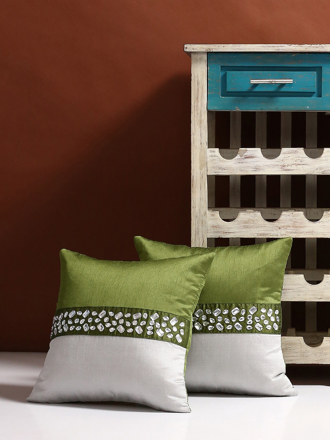 

Alina decor Green & Grey Set of 2 Solid Square Cushion Covers