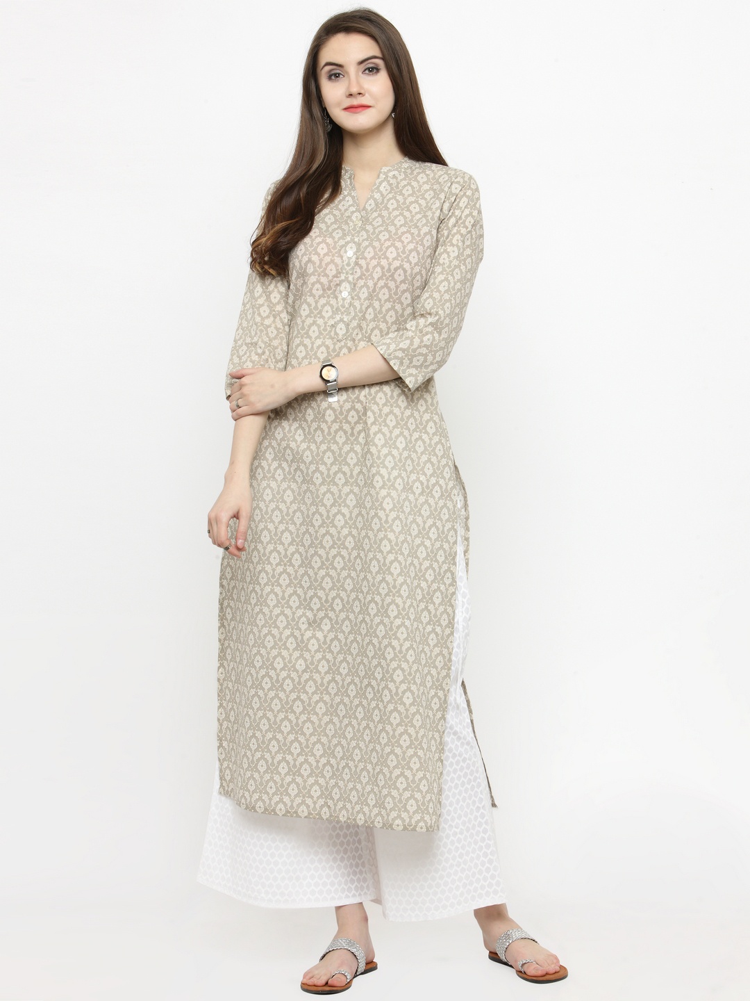 

Varanga Women Taupe & White Printed Kurta with Palazzos