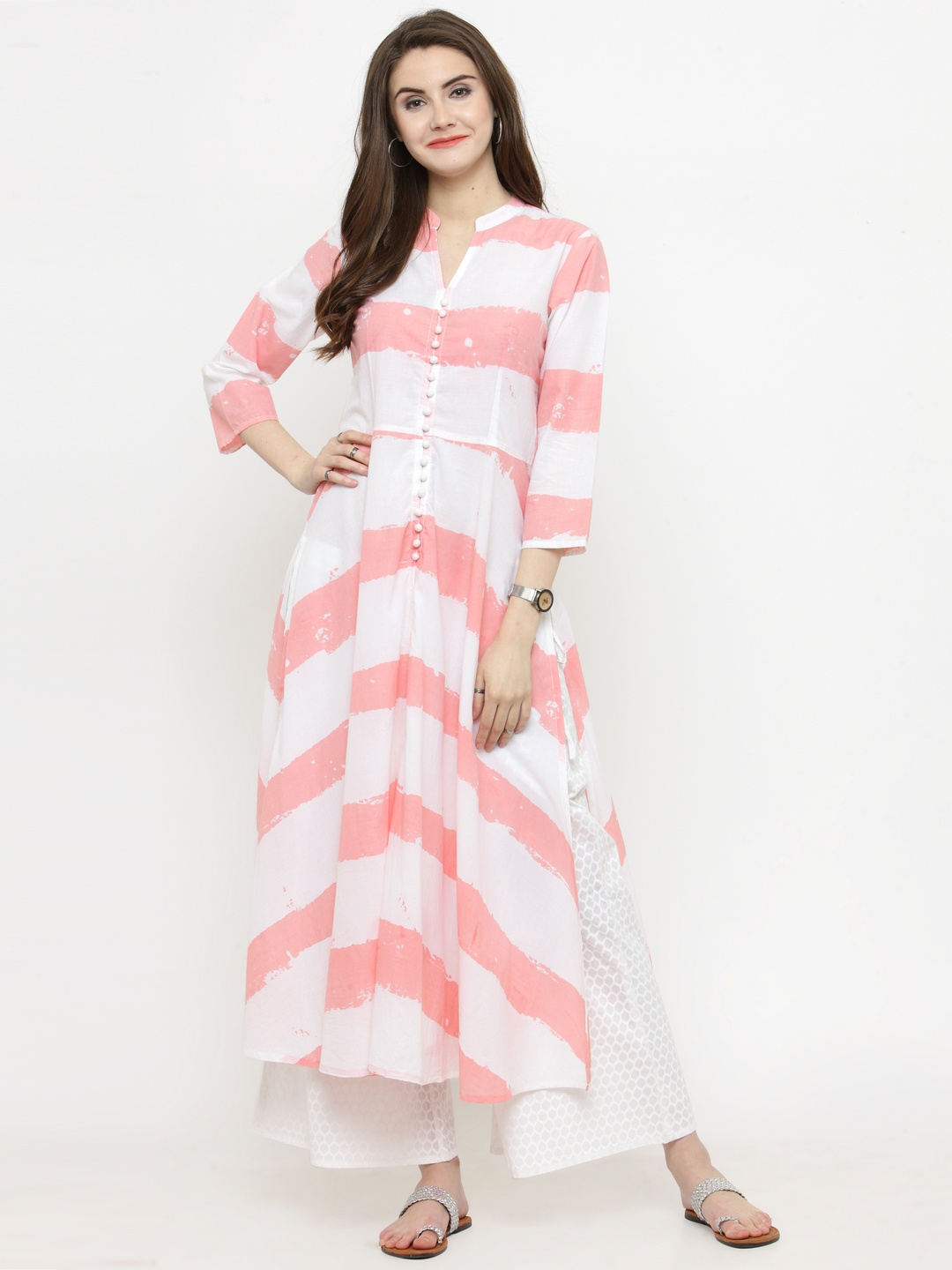 

Varanga Ivory A Line Kurta With White Khadi Printed Palazzo, Off white