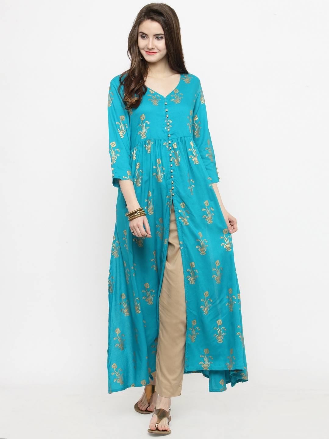 

Varanga Women Teal & Cream-Coloured Printed Kurta with Trousers