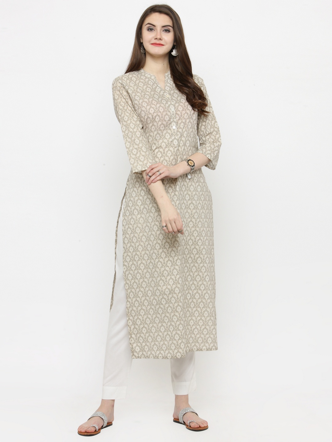 

Varanga Women Grey & White Printed Kurta with Trousers, Taupe