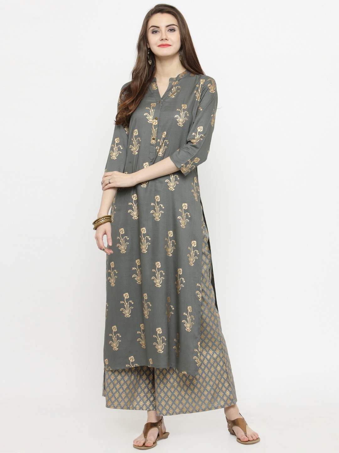 

Varanga Grey Gold Printed Straight Kurta With Grey Gold Print Palazzo