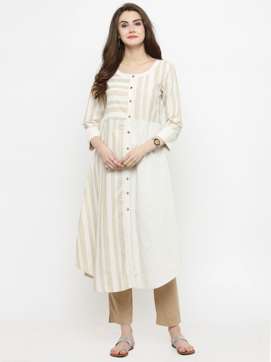 

Varanga Women Off-White & Cream-Coloured Printed Kurta with Trousers