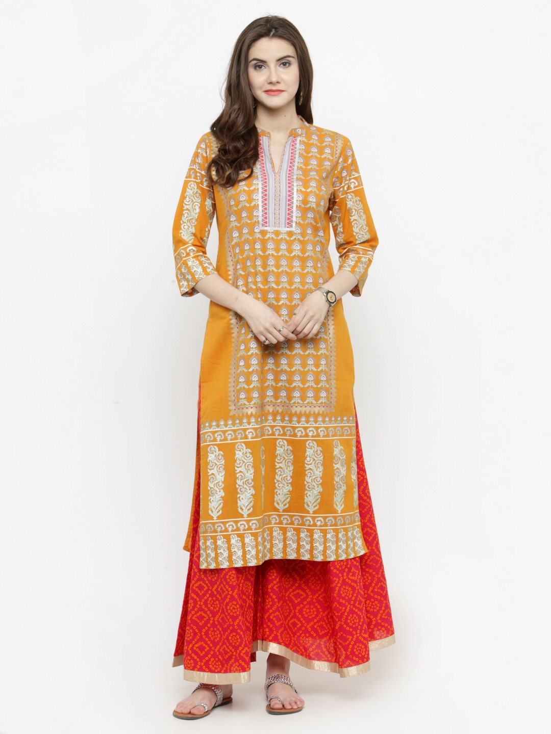 

Varanga Mustard Printed Straight Kurta With Fuchsia Bandhani Flared Palazzo