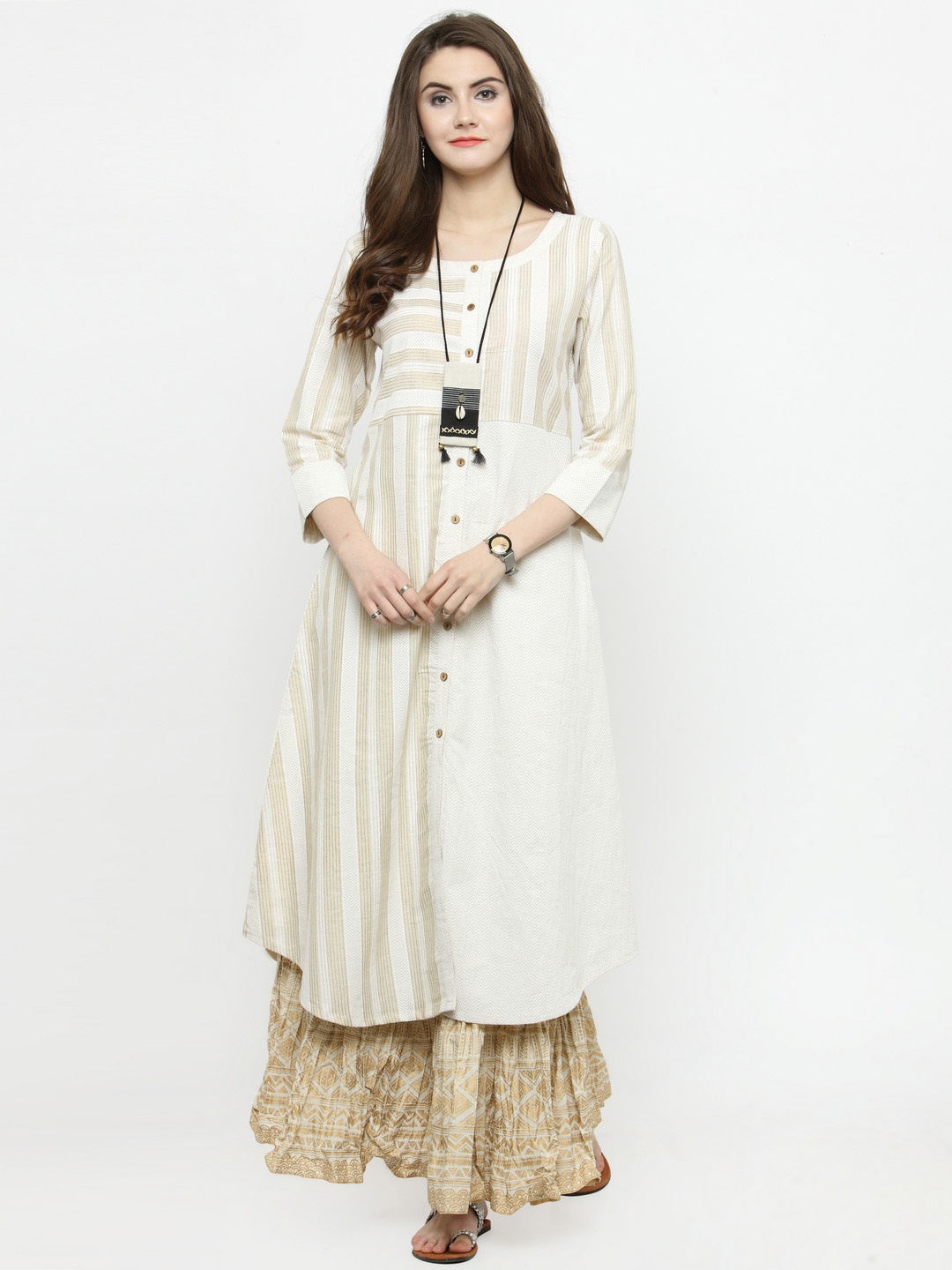 

Varanga Ivory Printed A Line Kurta With Ivory Gold Printed Skirt, Off white