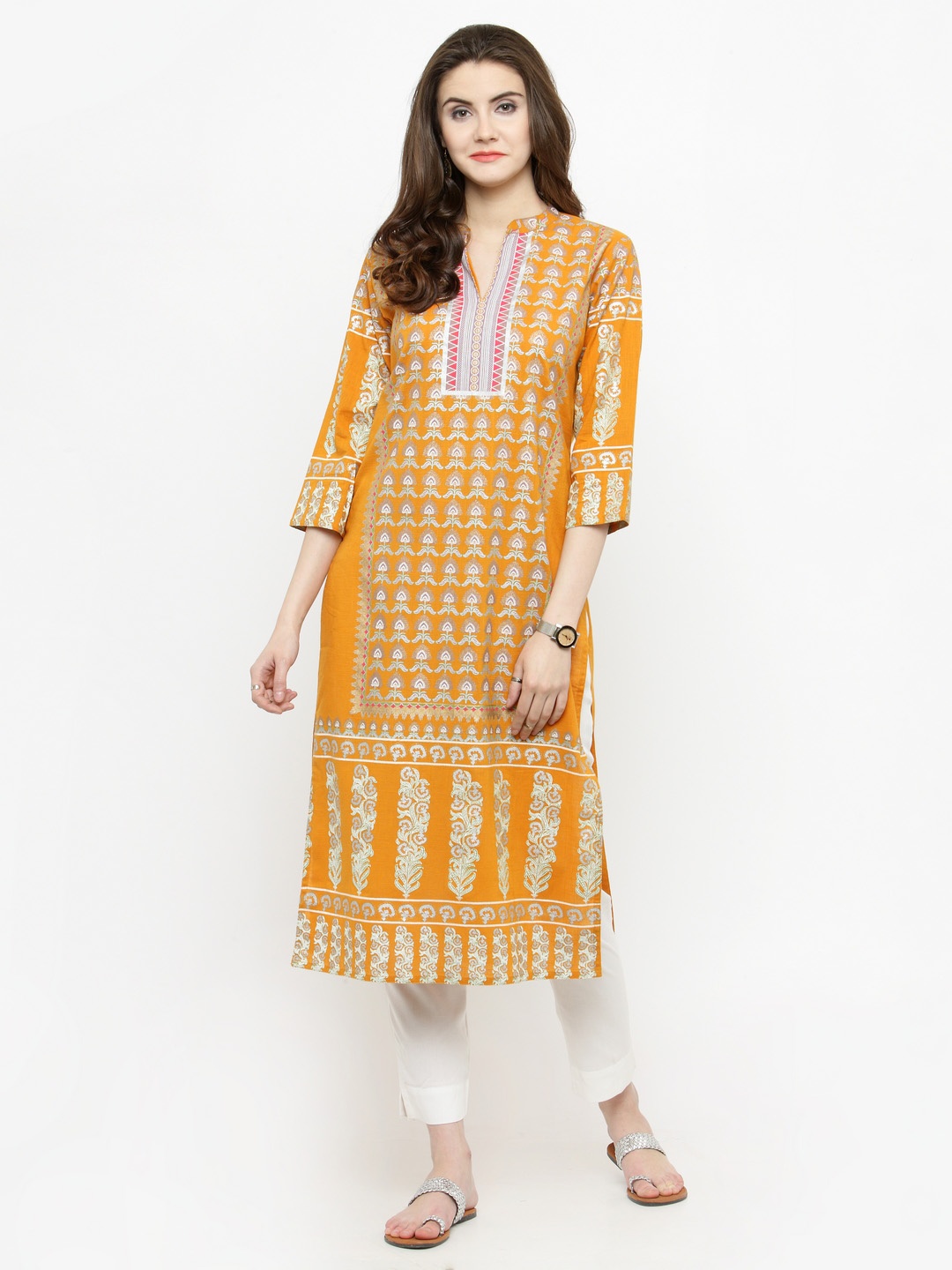 

Varanga Women Mustard & White Printed Kurta with Trousers