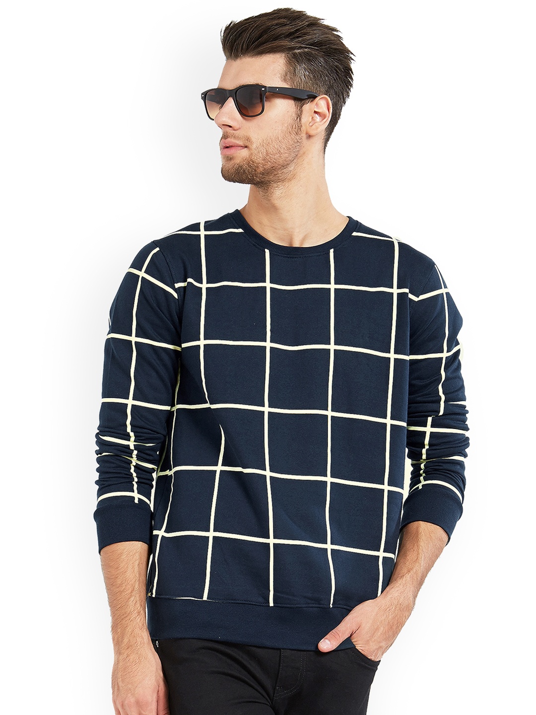 

Maniac Men Navy Blue Checked Round Neck T-shirt