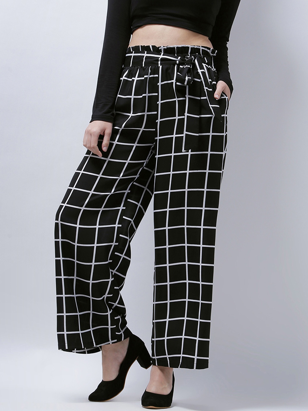 

Zastraa Women Black & White Smart Flared Checked Culottes