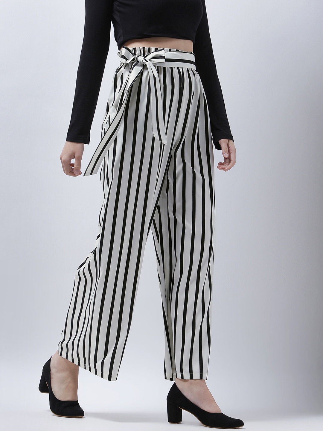 

Zastraa Women White & Black Smart Flared Striped Culottes