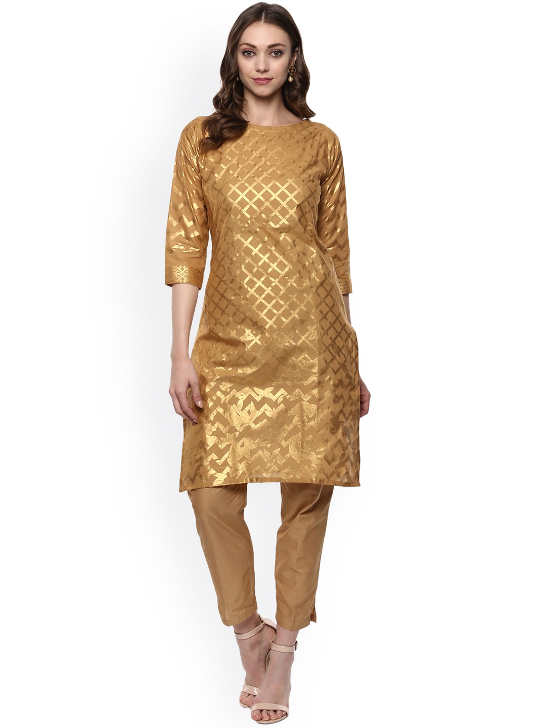 

Ahalyaa Women Beige Gold-Toned Printed Straight Cotton Kurta