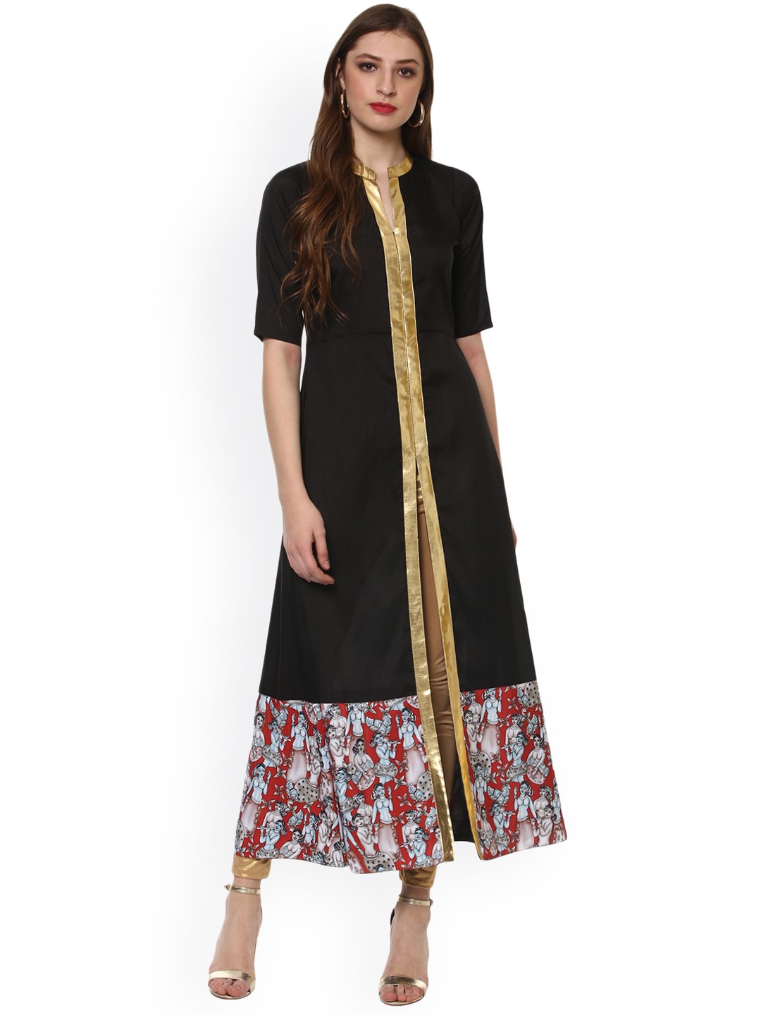 

Ahalyaa Women Black & Gold-Toned Printed Straight Kurta