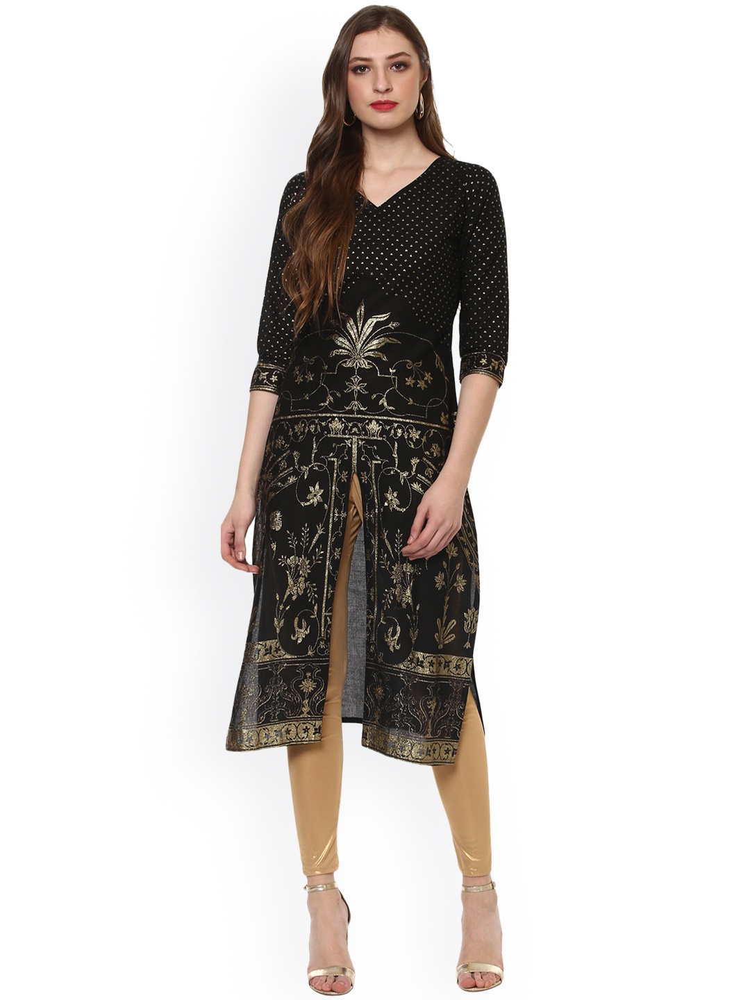 

Ahalyaa Women Black & Gold-Toned Printed Straight Kurta