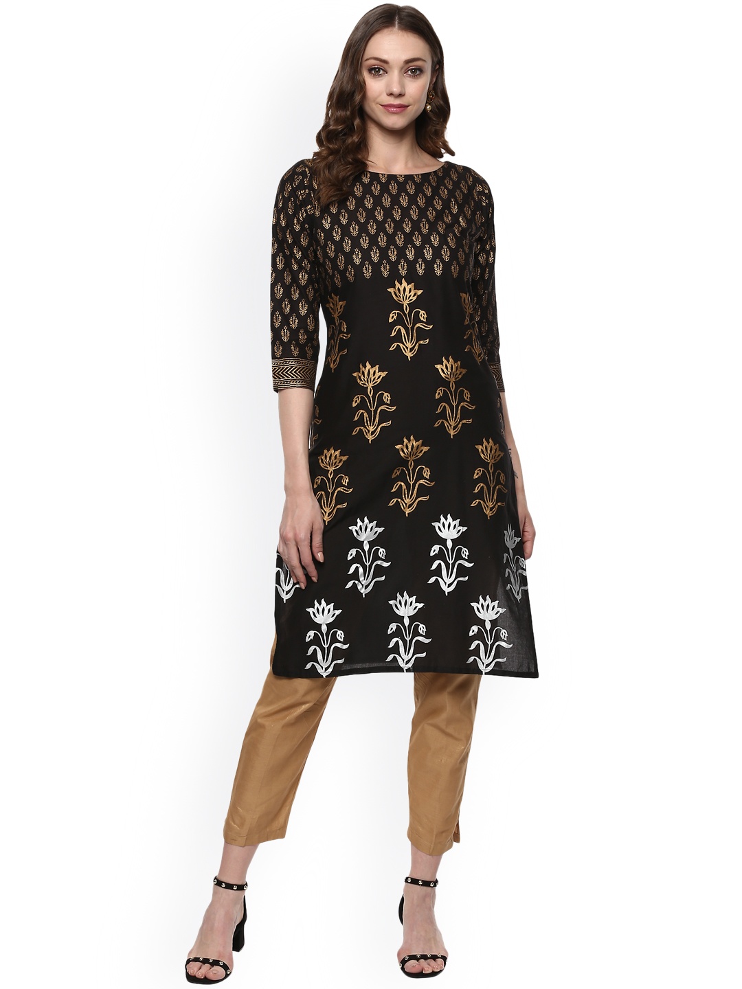 

Ahalyaa Women Black & Gold-Toned Printed Straight Kurta