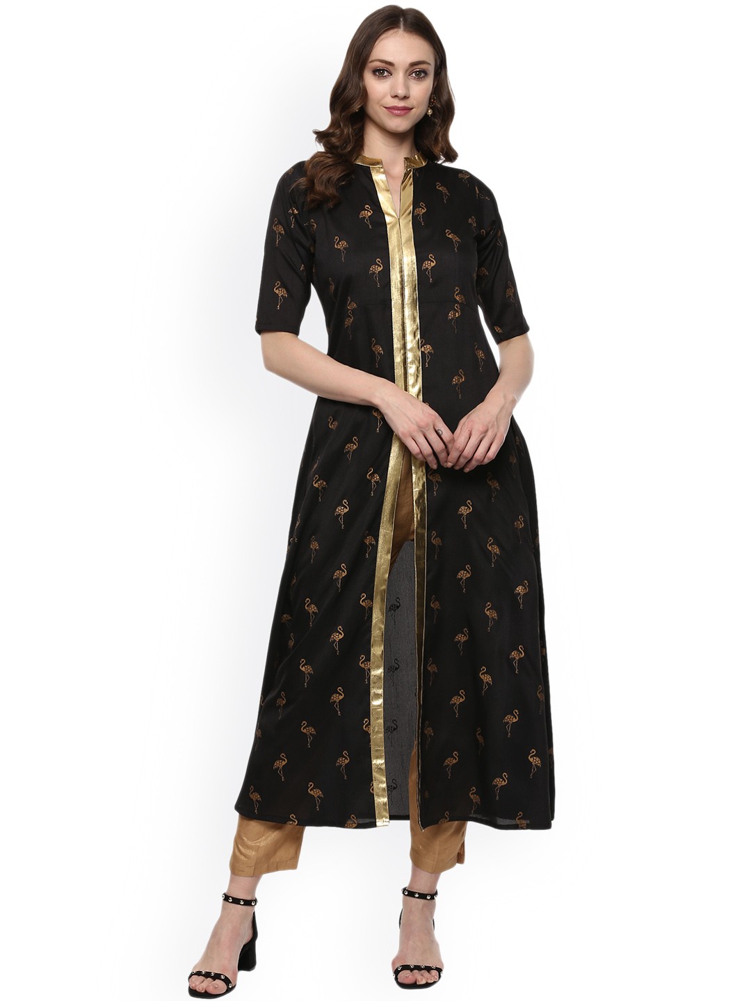 

Ahalyaa Women Black & Gold-Toned Printed Straight Kurta