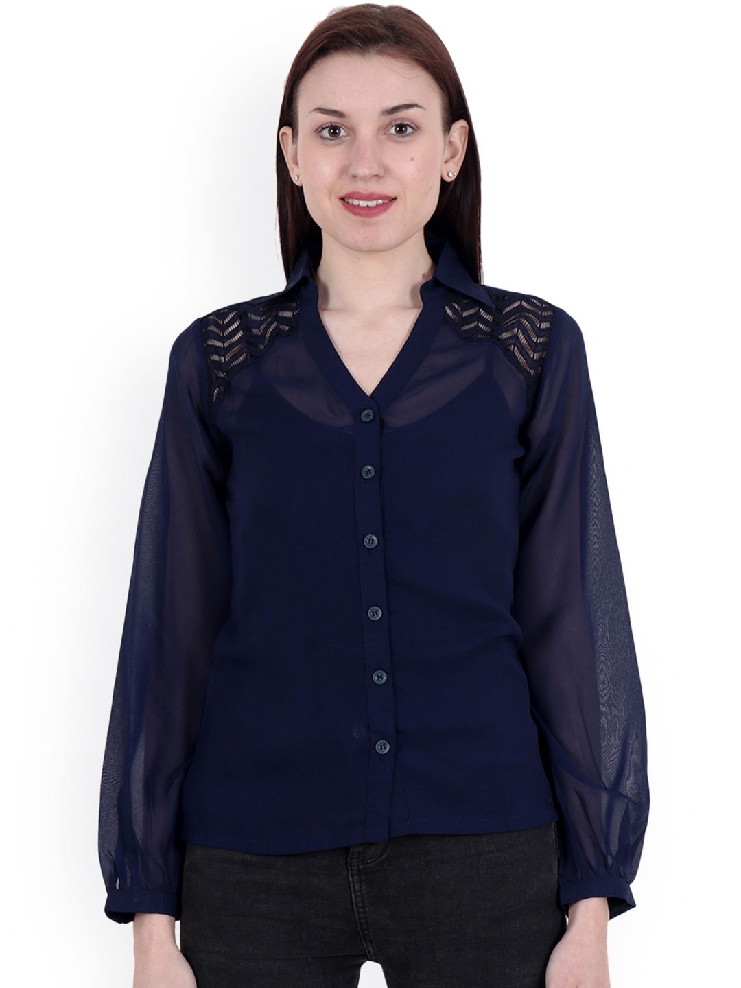 

SCORPIUS Women Navy Blue Smart Regular Fit Solid Casual Shirt