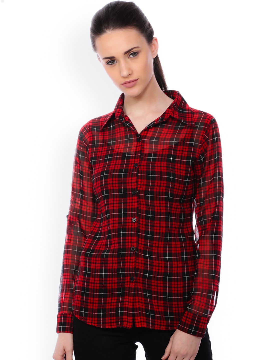 

SCORPIUS Women Red & Black Slim Fit Checked Casual Shirt