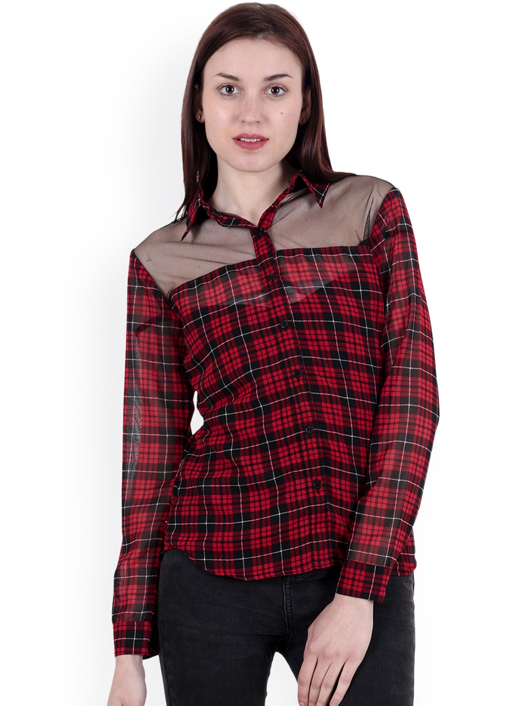 

SCORPIUS Women Black & Maroon Regular Fit Checked Casual Shirt