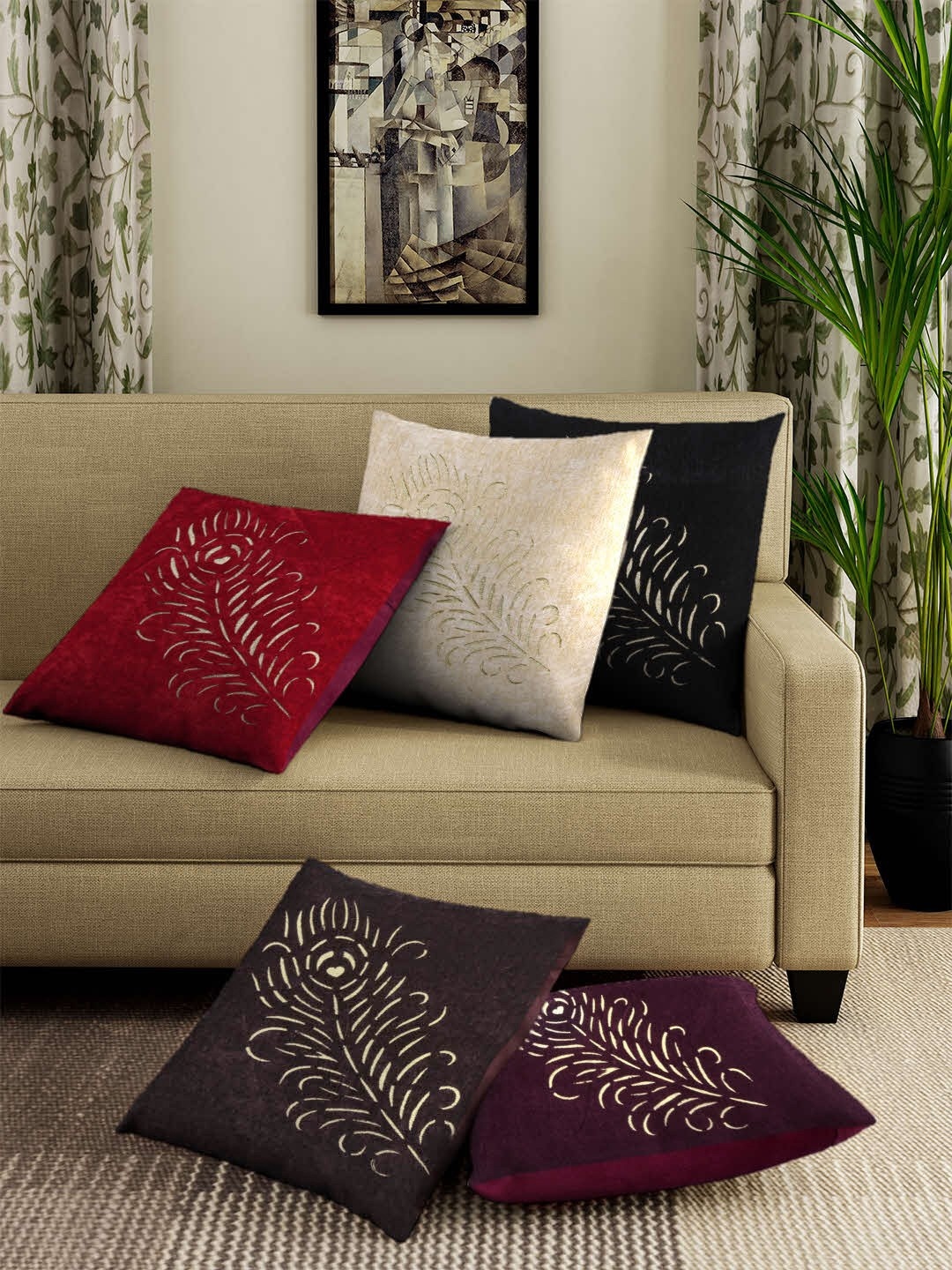 

ROMEE Multicoloured Set of 5 Floral Square Cushion Covers, Multi