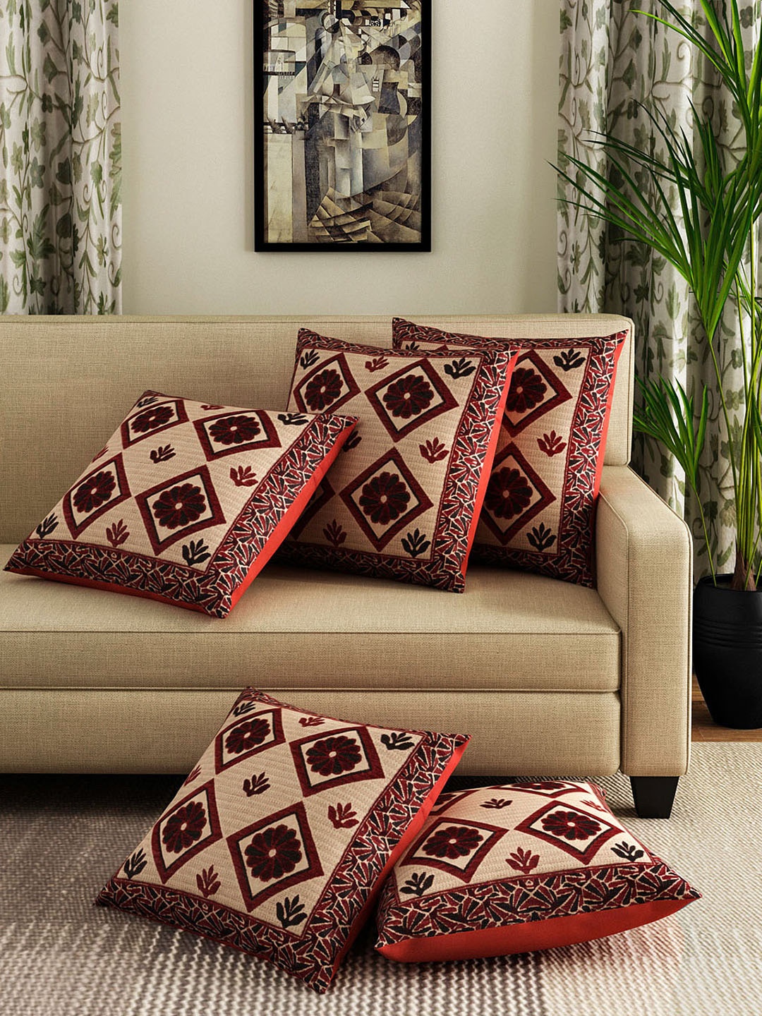 

ROMEE Maroon Set of 5 Ethnic Motifs Square Cushion Covers