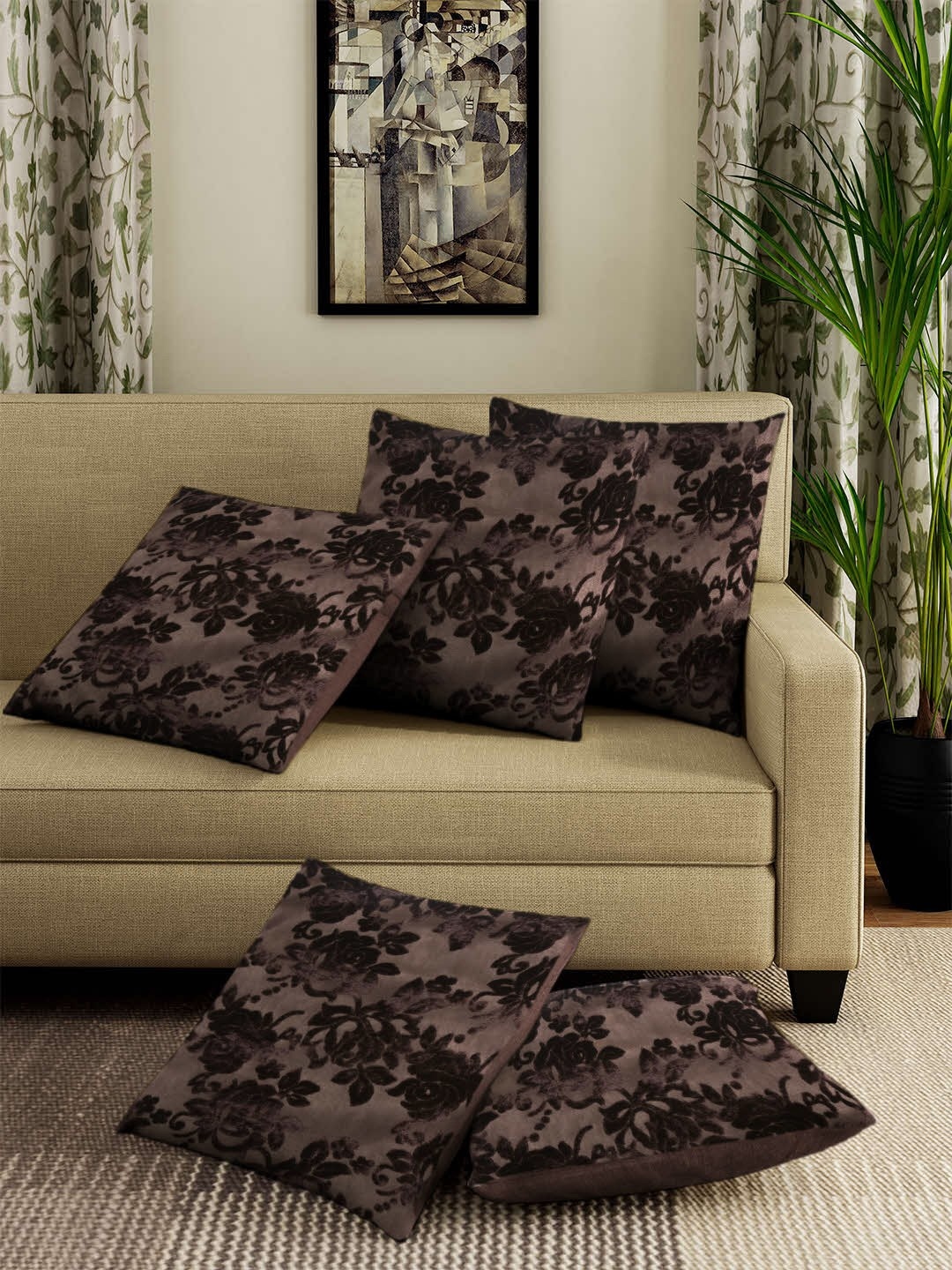 

ROMEE Brown Set of 5 Floral Square Cushion Covers