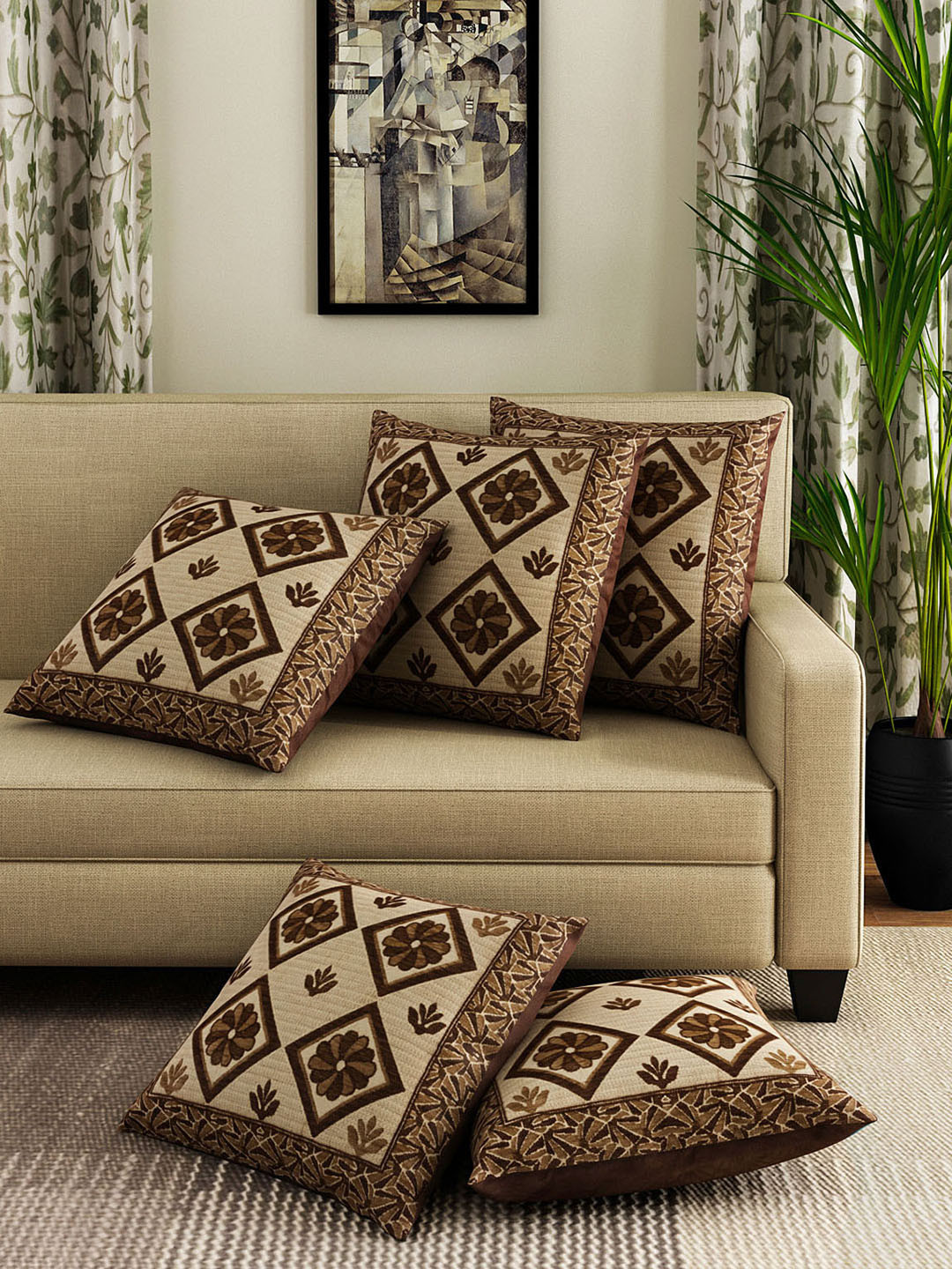

ROMEE Brown Set of 5 Ethnic Motifs Square Cushion Covers