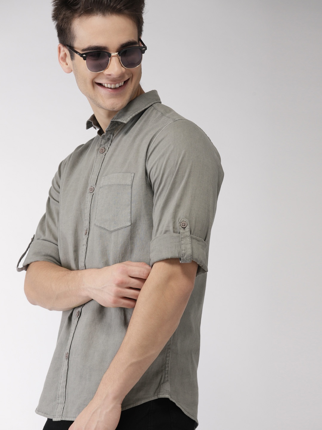 

Mast & Harbour Men Grey Regular Fit Solid Casual Cotton Linen Shirt