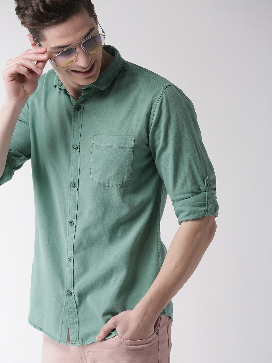 

Mast & Harbour Men Green Regular Fit Solid Casual Cotton Linen Shirt