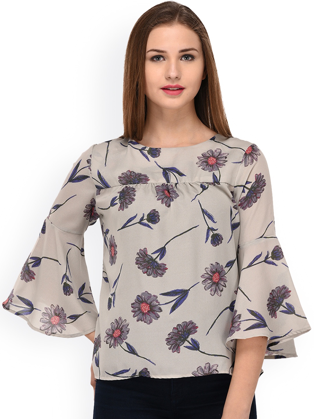 

PURYS Women Grey Printed A-Line Top