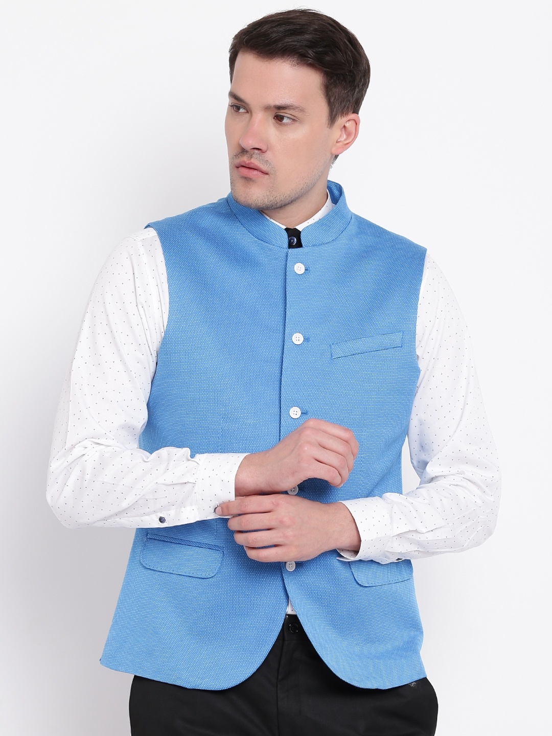 

Blackberrys Blue and White Self-Design Slim Fit Smart Casual Pure Cotton Nehru Jacket